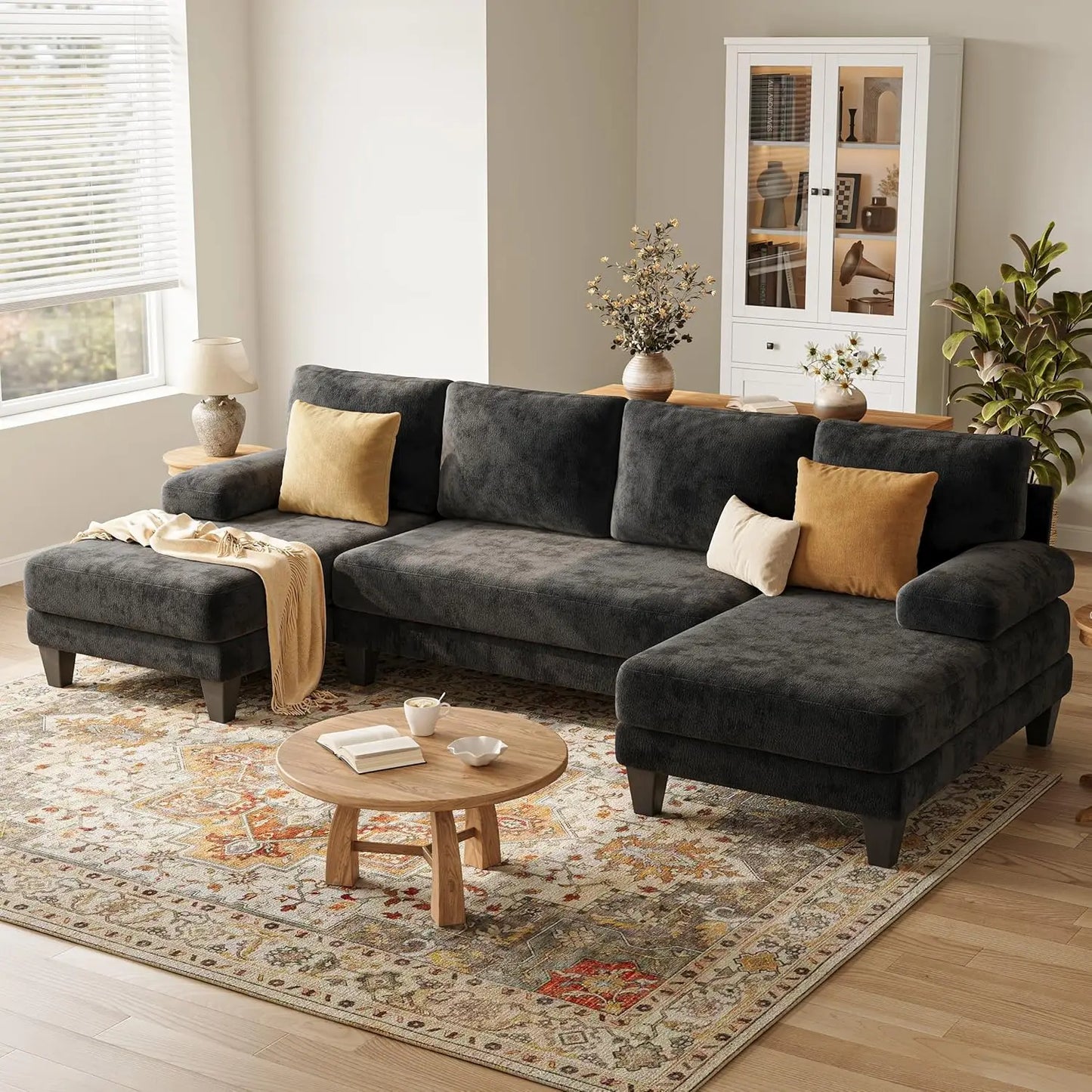 U Shaped Sectional Sofa With Double Chaise Chenille Living Room