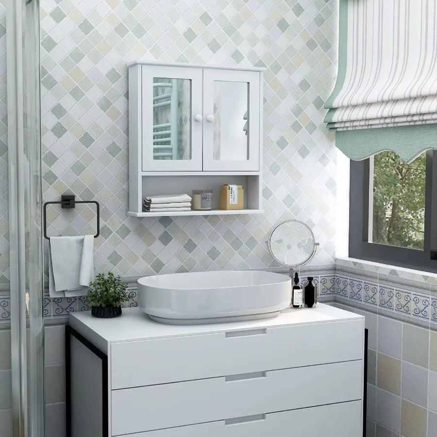 XIUWO Wall Mounted Bathroom Medicine Cabinet With Mirror And Open Shelves