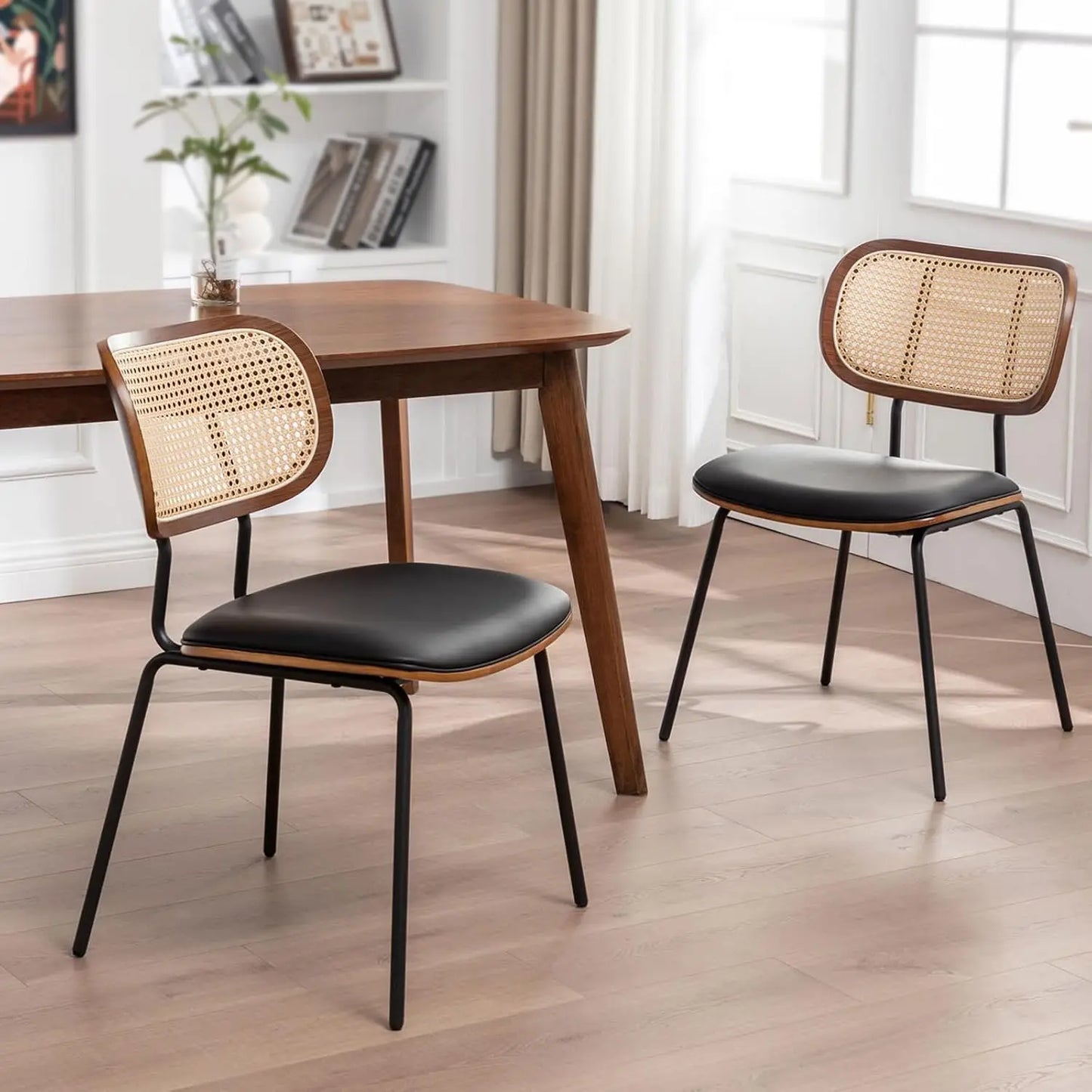 Rattan Dining Chairs Mid Century Modern Set Of 2 With Cane Back Faux Leather