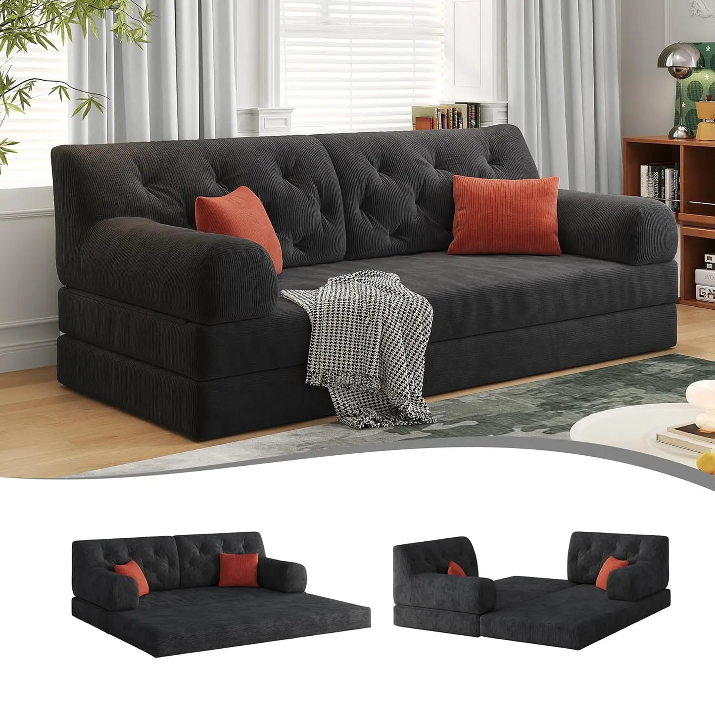 Corduroy Convertible Sofa Bed With Pillows