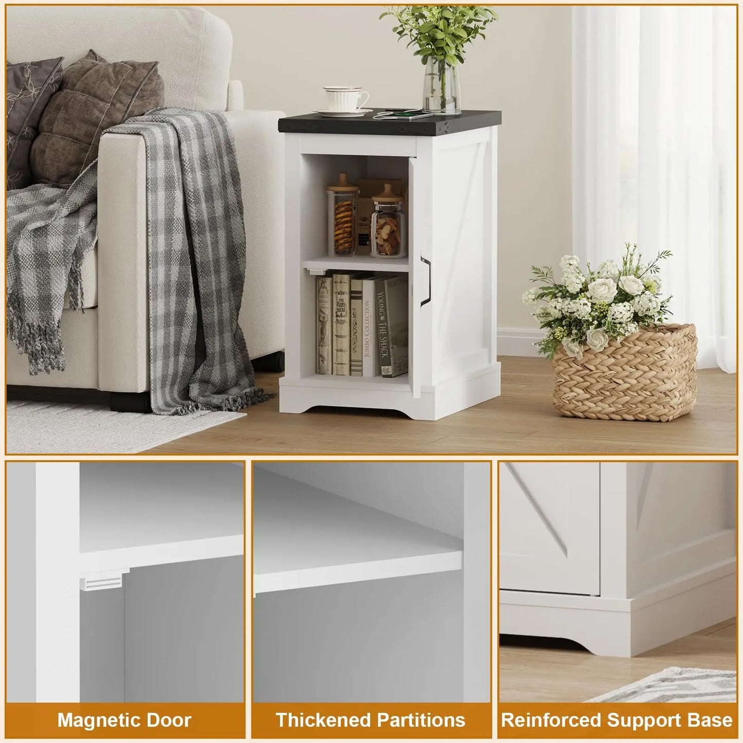 Farmhouse White Nightstand With Charging Station, AC Outlets USB Type-C, Bedside End Table With Cord Management & Storage Shelf