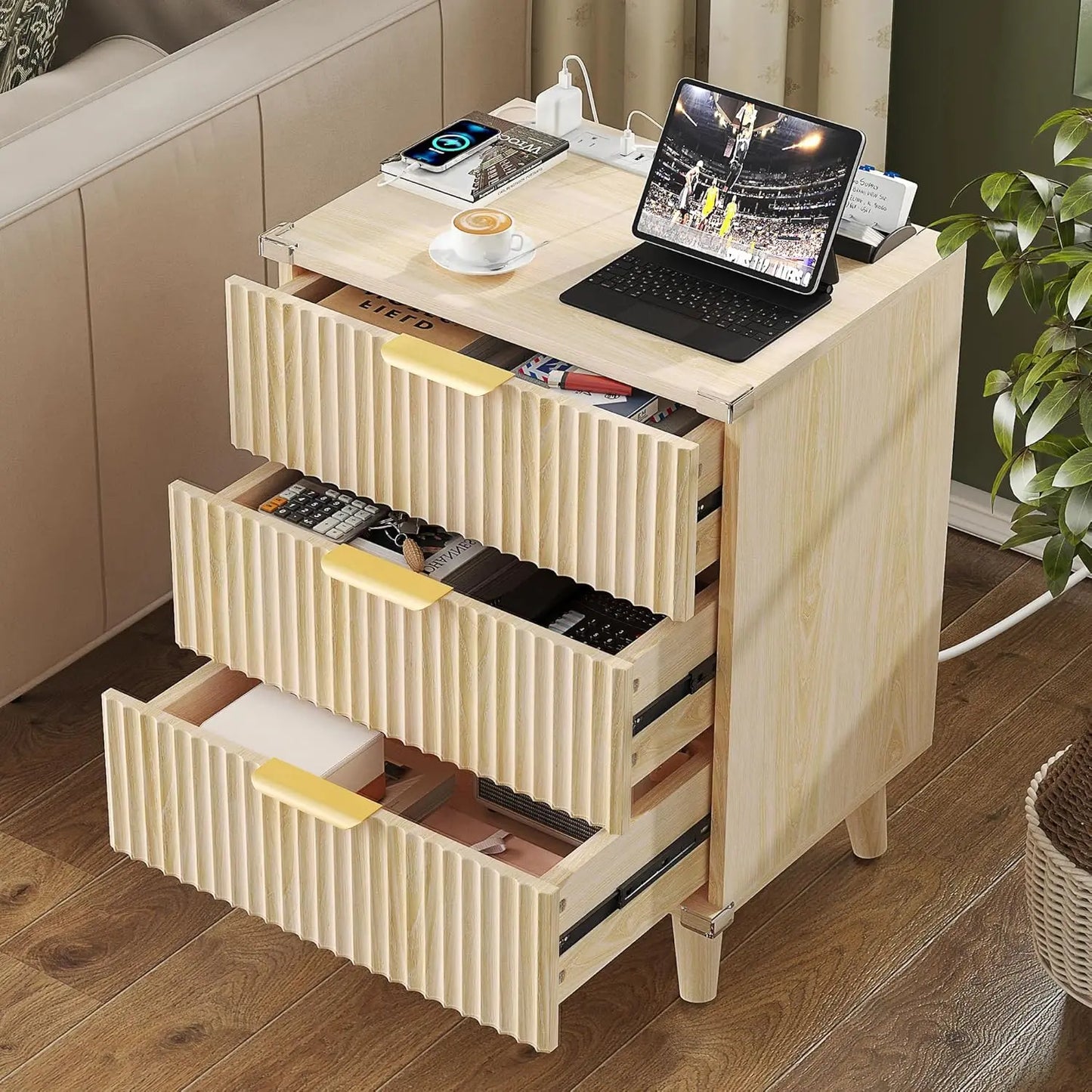 Wood 3 Drawer Dresser Nightstand With Charging Station