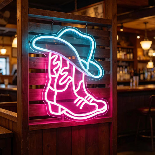 Cowboy Boot & Hat Neon Sign, Multicolor Western Style LED Neon Light for Wall Decor, USB Powered Bar & Man Cave Decor