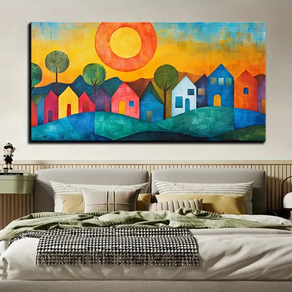 Abstract House Canvas Wall Art With Pine Wood Frame