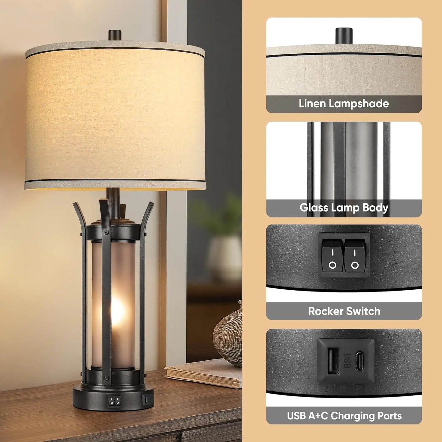 Farmhouse Table Lamps Set of 2 with USB Charging Ports, Frosted Glass Night Light, and LED Bulbs Included in Black