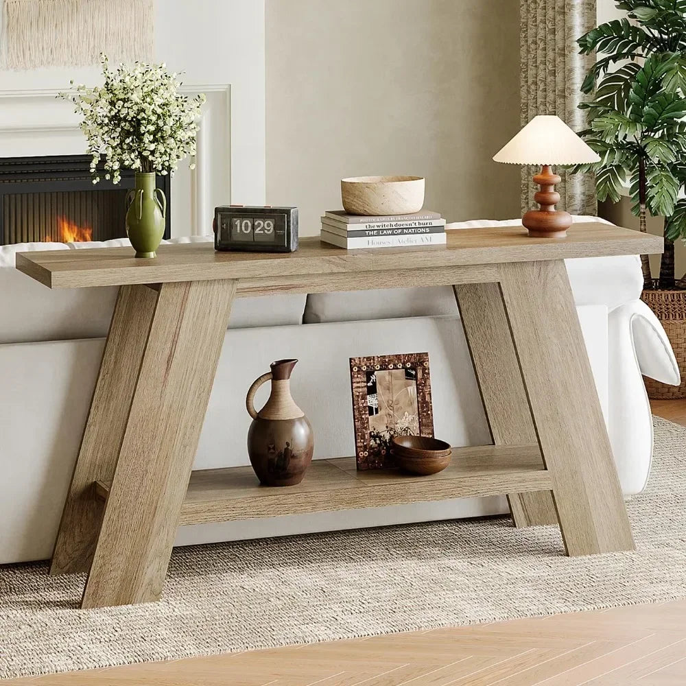 Farmhouse Console Table For Entryway With Two-Tier Wood Shelf