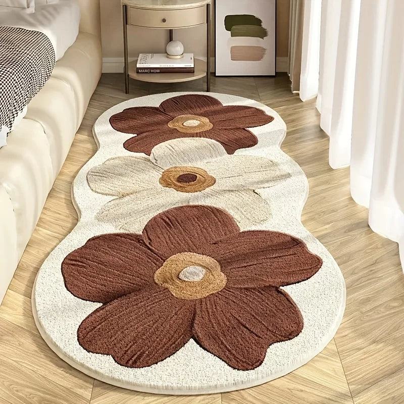 Luxury Soft Plush Rug‑ Navy Blue & Brown Floral Rug with Non‑Slip Backing, 10‑mm‑Thick Irregular‑Shaped Rug for Bedside, Living Room and Hallway‑ Machine‑Washable Small‑Space Rug, Light‑Luxury Decorative Rug
