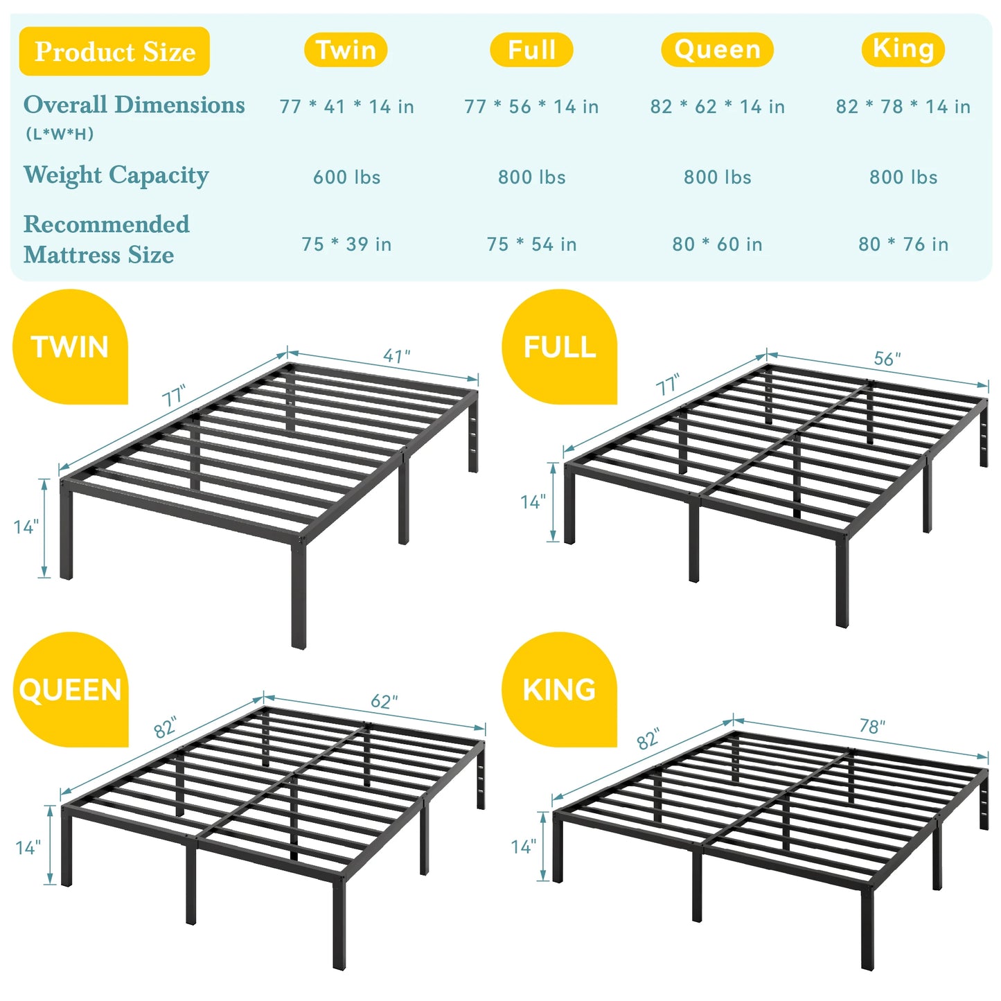HOOMIC Twin/Full/Queen/King Heavy-Duty Metal Bed Frame with 14 Inch Under-Bed Storage — No Box Spring Needed, Easy Assembly