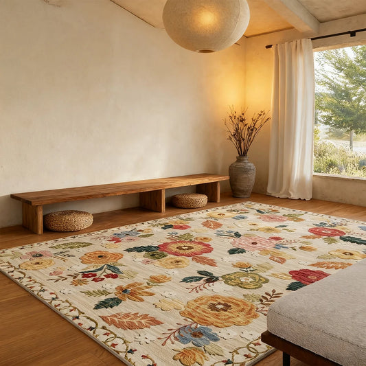Area Rug Kilim Boho Floral Polyester Machine Washable Low Pile