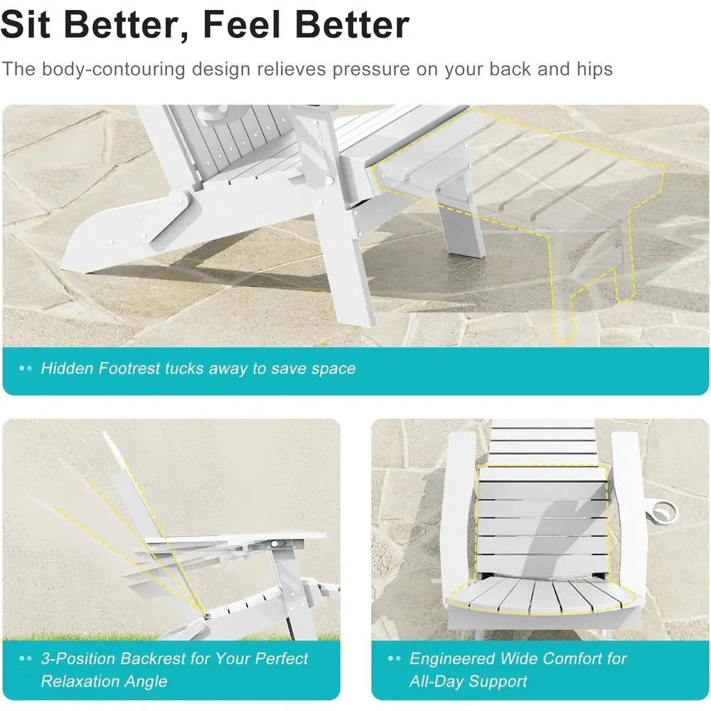 Three Position Adjustable Folding Adirondack Chair Set With Retractable Ottoman