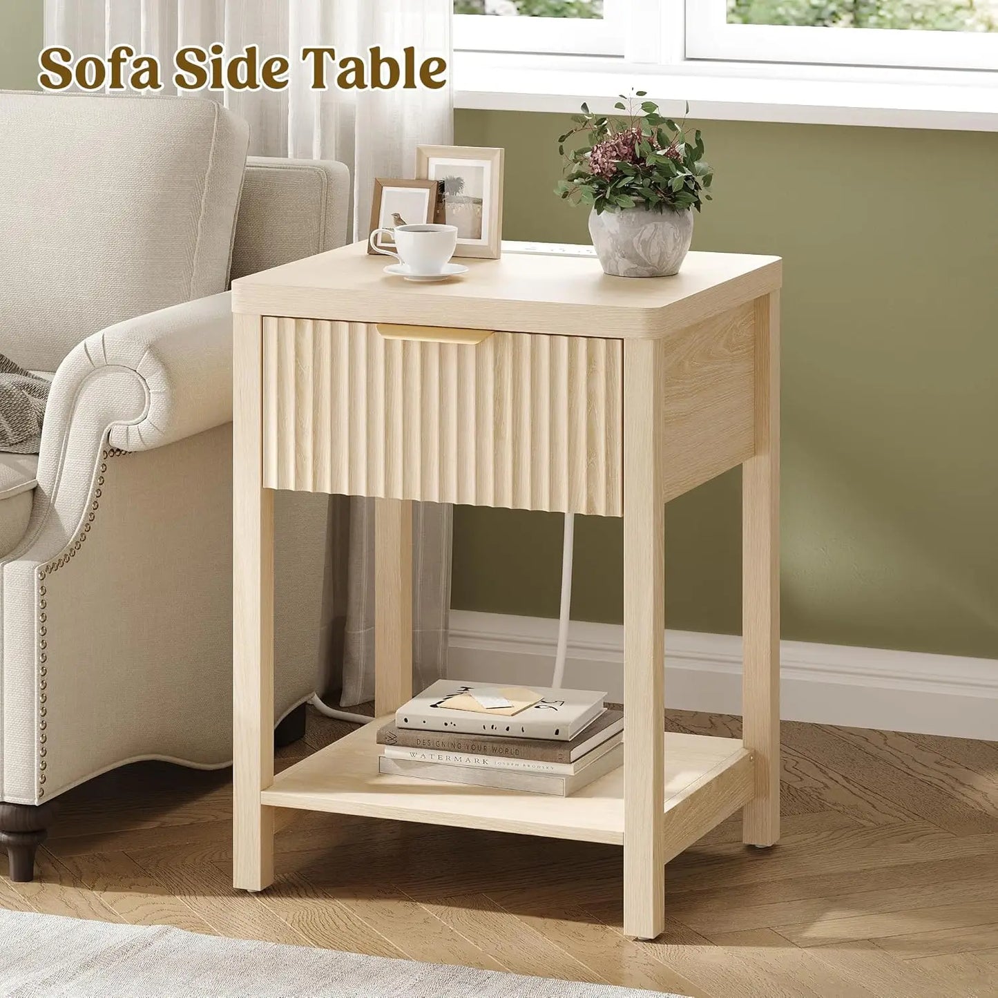 Night Stand Set 2, Fluted Nightstand with Charging Station, Wood Modern Bedside End Table with Storage Drawer for, Customized