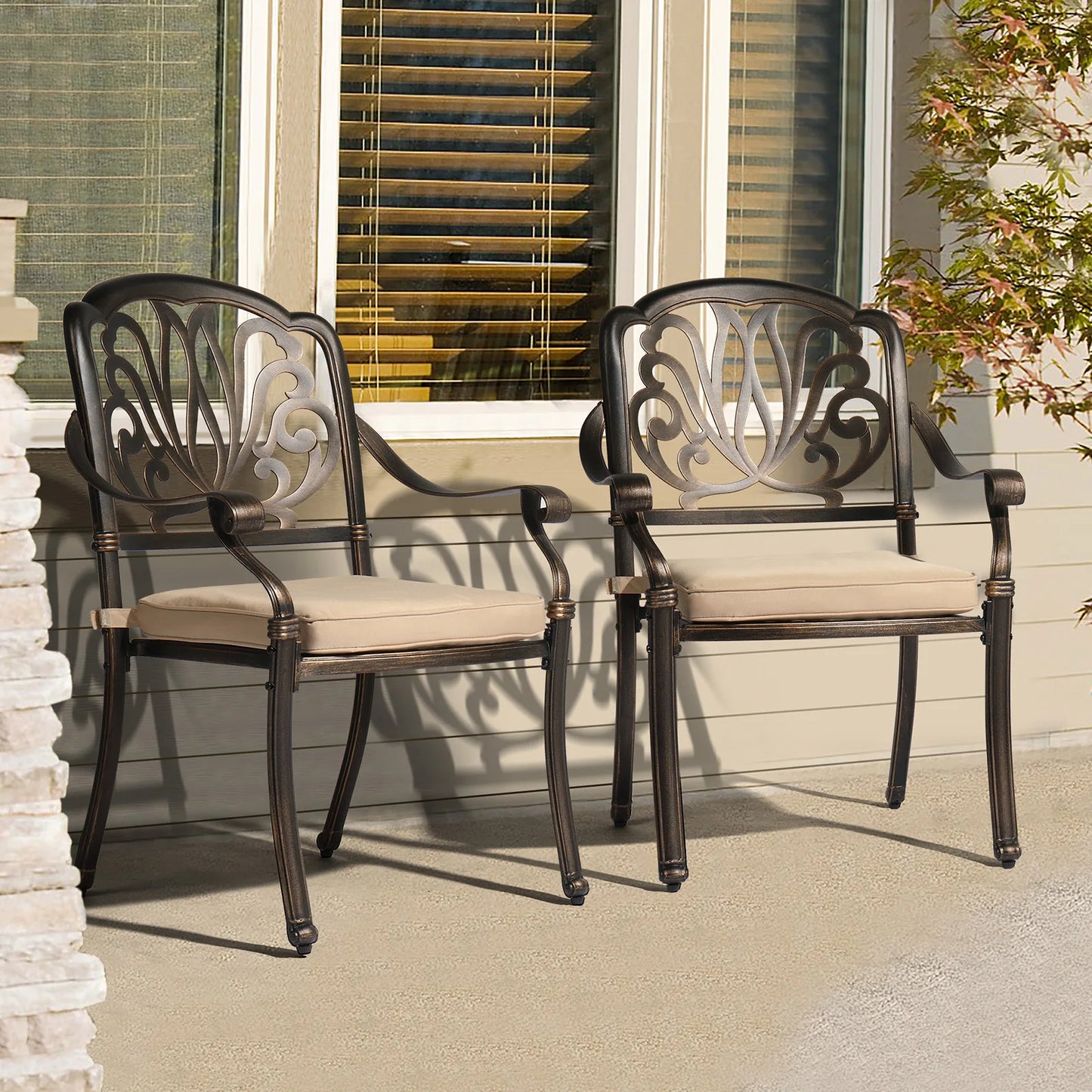 Cast Aluminum Patio Dining Chairs With Cushions, Stackable Outdoor Bistro