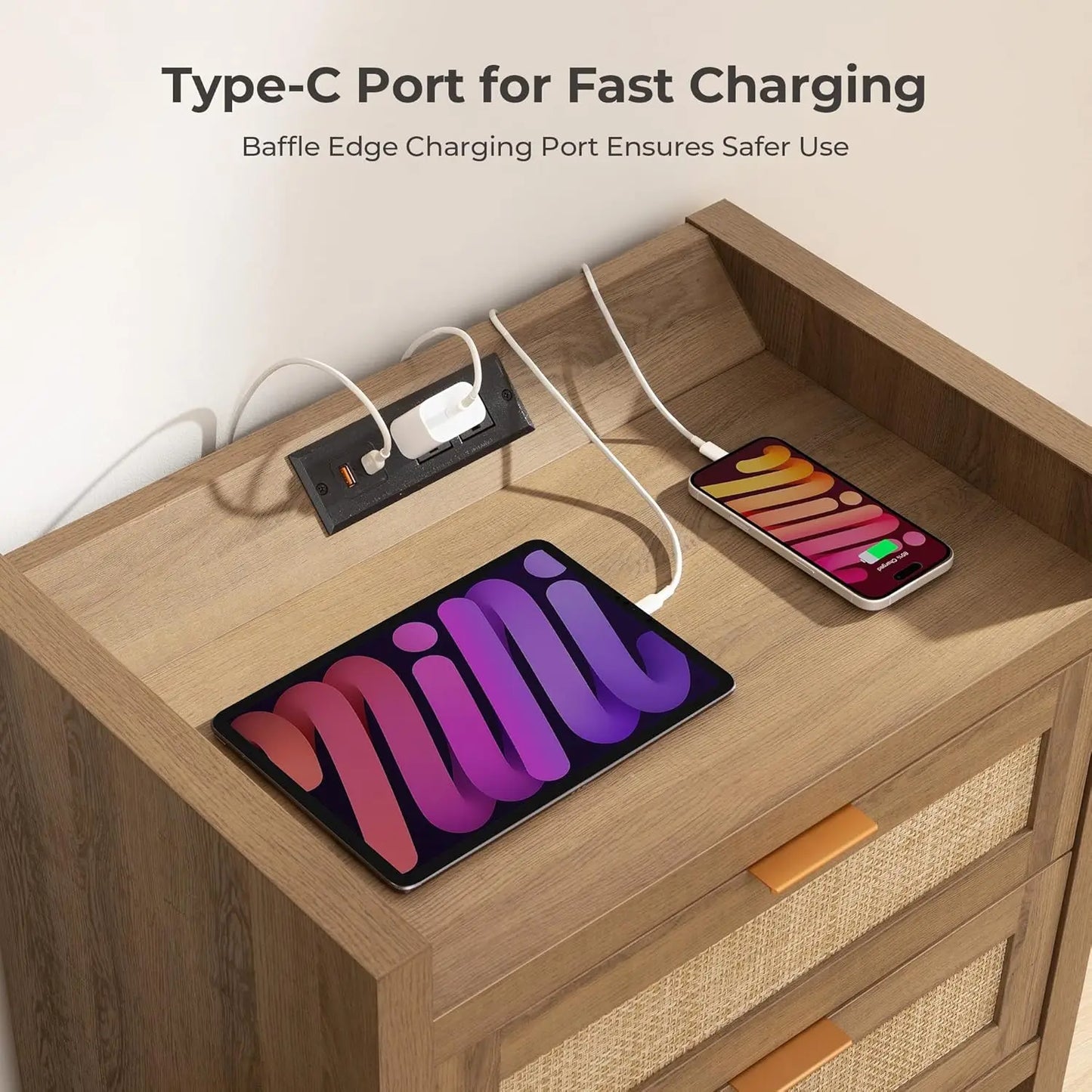 Rattan Nightstand End Table - Night Stand Bedside Table with Type-C Charging Station, 2 Drawers Storage - Boho, Customized
