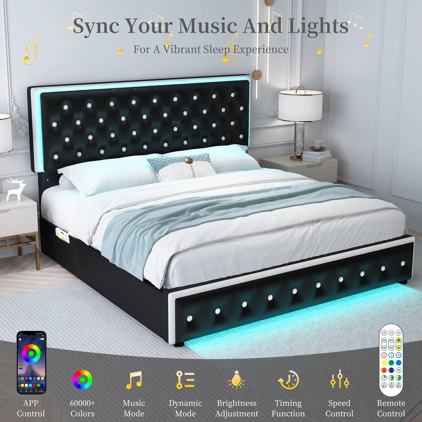 NONECN Queen LED PU Bed Frame with Storage Drawers