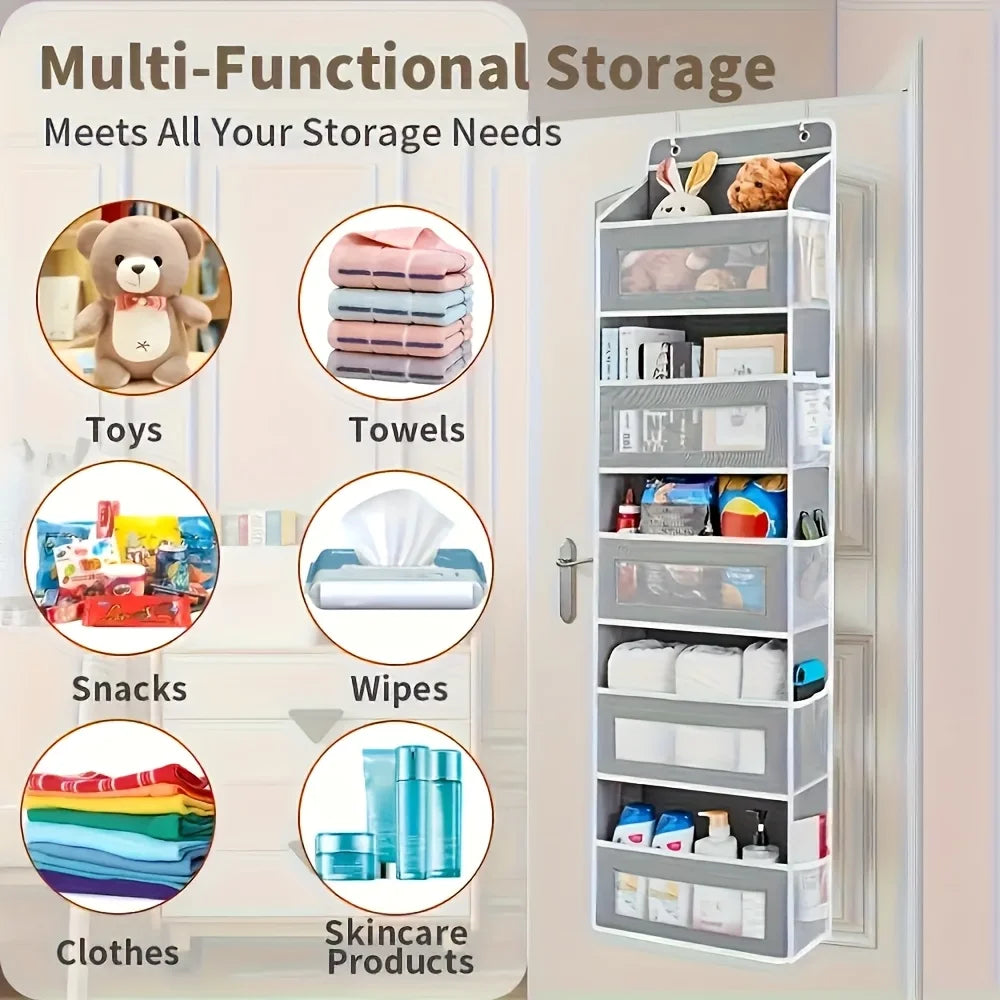 Door Hanging Storage Rack - 5+5 Pockets for Everyday Storage with 5 Large Clear & Mesh Side Pockets Over-The-Door Multi-Pocket Organizer Hangable Black Large Capacity Anti-Tilt Design Heavy-Duty