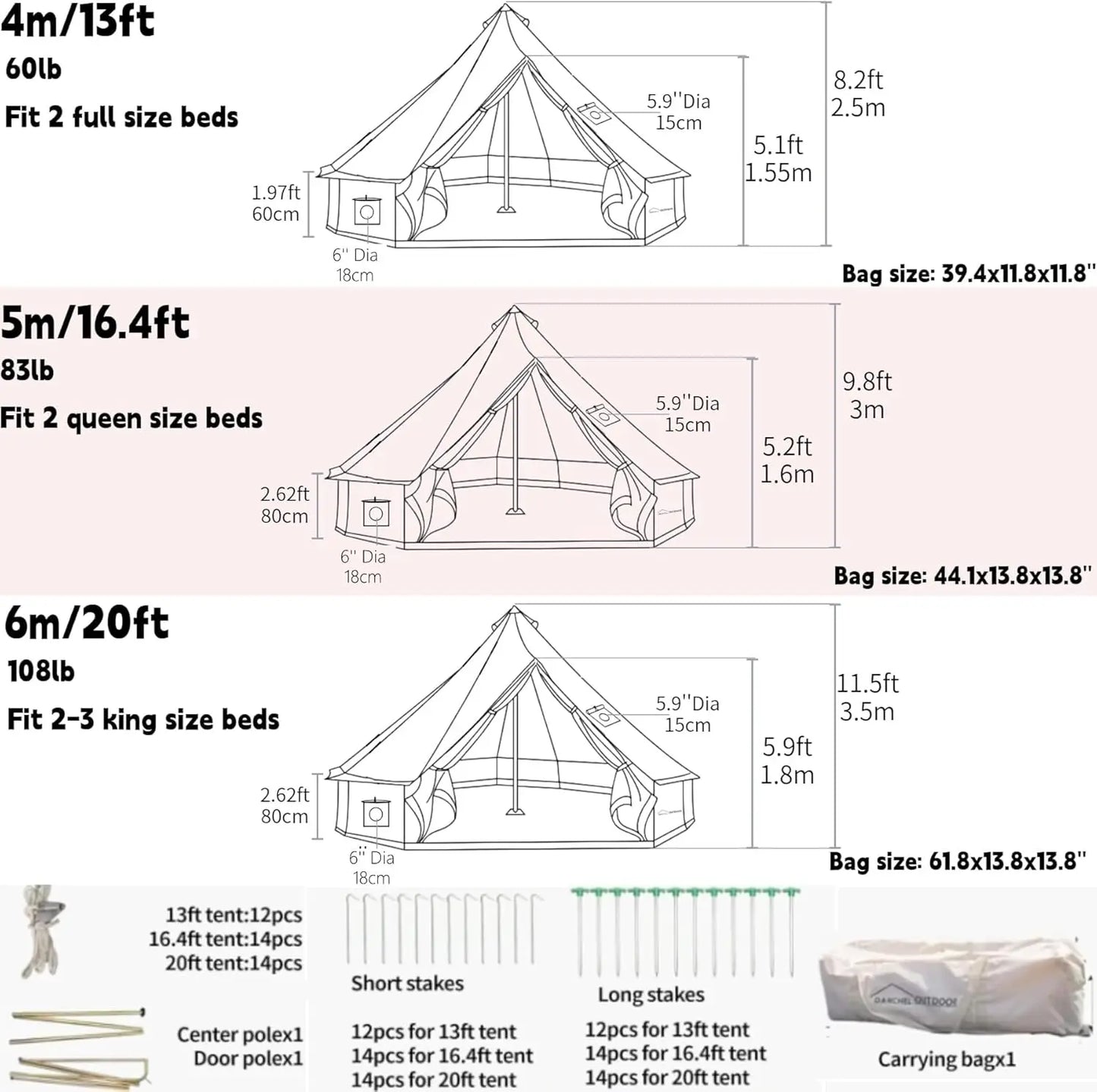 DANCHEL Outdoor B5 Waterproof Cotton Canvas Bell Tent with Stove Jacket on the roof size 4m 5m 6m for family tent