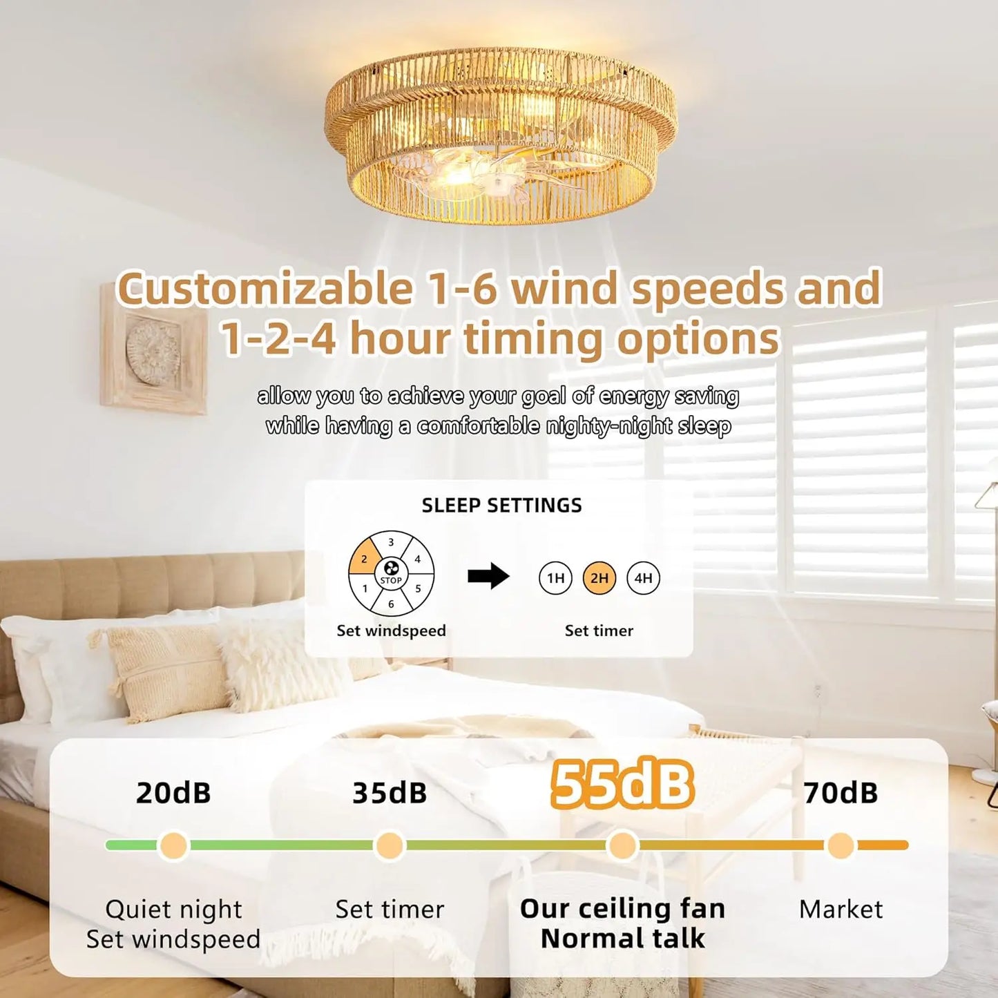 Rattan Boho Ceiling Fan with Light Flush Mount with Remote