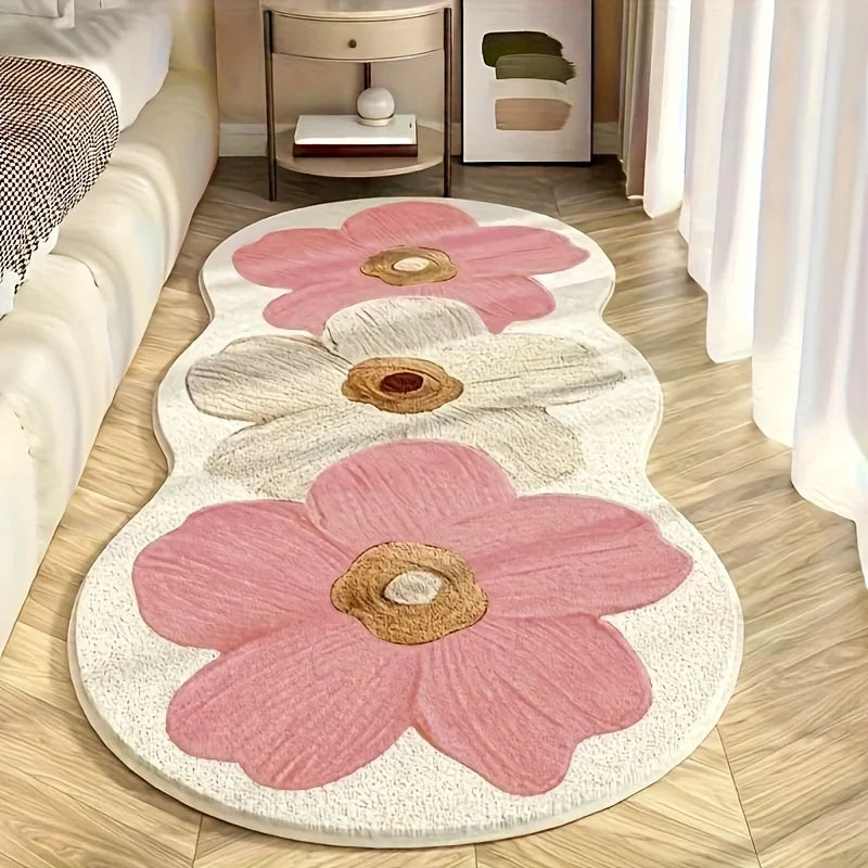 Luxury Soft Plush Rug‑ Navy Blue & Brown Floral Rug with Non‑Slip Backing, 10‑mm‑Thick Irregular‑Shaped Rug for Bedside, Living Room and Hallway‑ Machine‑Washable Small‑Space Rug, Light‑Luxury Decorative Rug