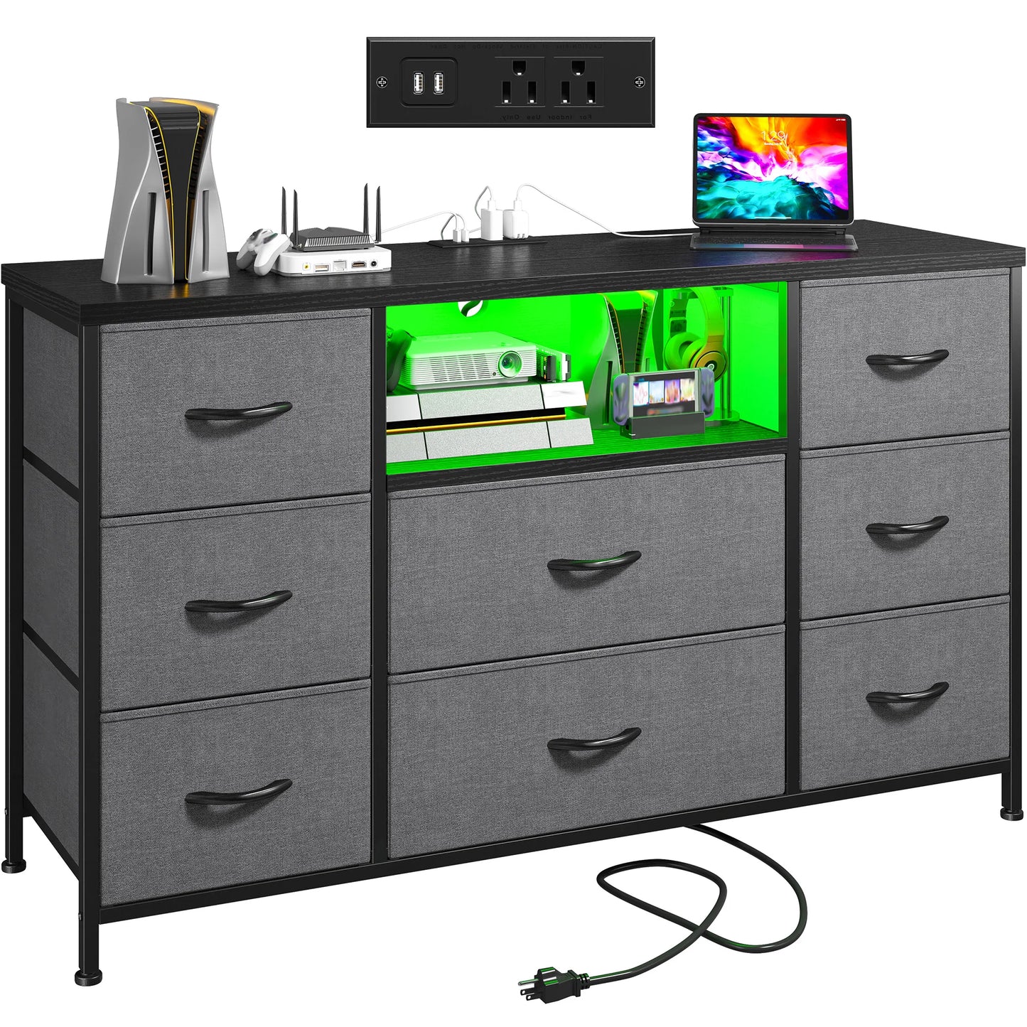 EnHomee 8-Drawer Media Dresser With LED Lighting And Built-In Charging