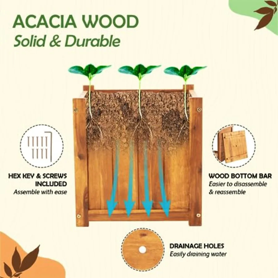 Acacia Wood Outdoor Flower Boxes With Ergonomic Handles