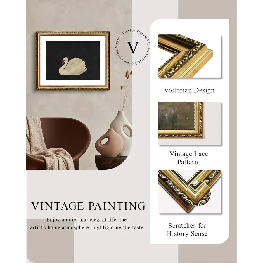 Gold Framed Swan Wall Art Canvas Print Vintage Home Decor