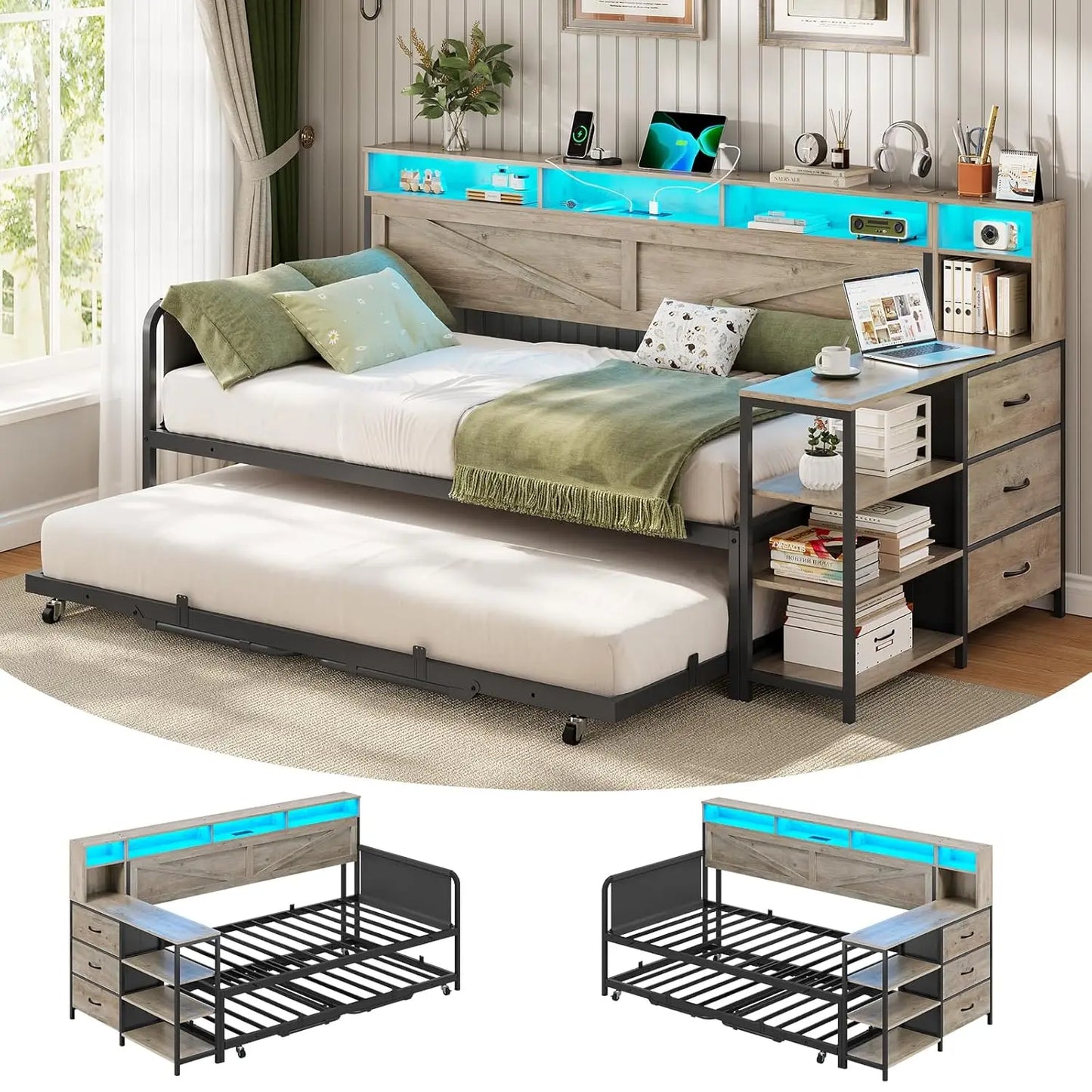 Folded Twin Daybed With Pop Up Trundle And Storage Drawers