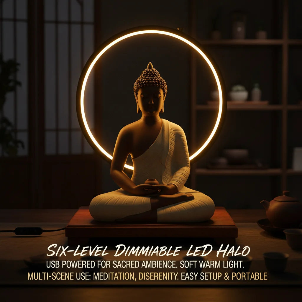Ceramic Buddha Statue with LED Halo Ring Light, Amitabha Figurine on Wood Base, 6 Brightness Levels USB Powered, Meditation Home Decor, Purple Sand Yellow, 23x14x30cm