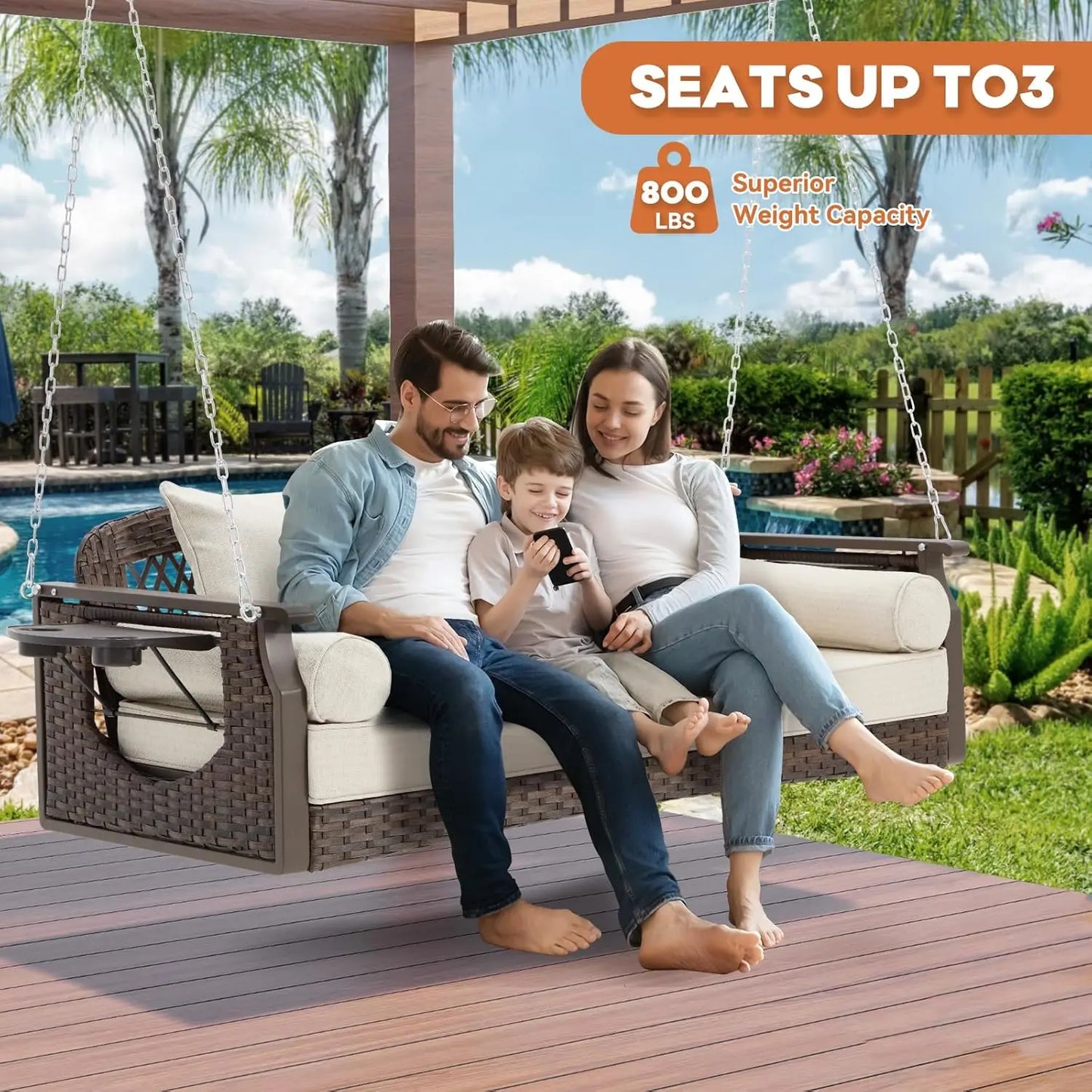 Three Seat Porch Swing With Cup Holders And Cushions