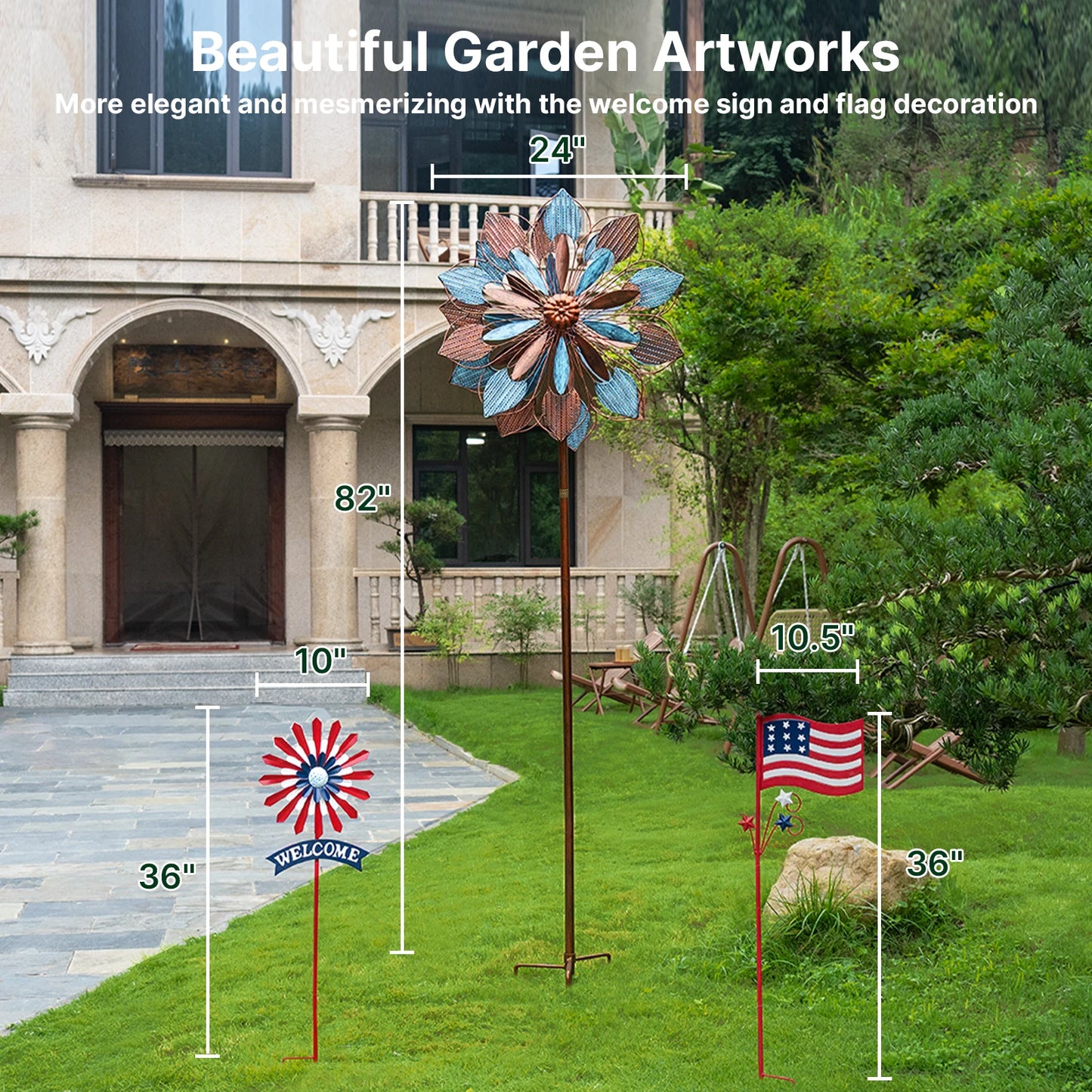 Wind Spinners Outdoor Metal Kinetic Garden Sculptures With Welcome Flags
