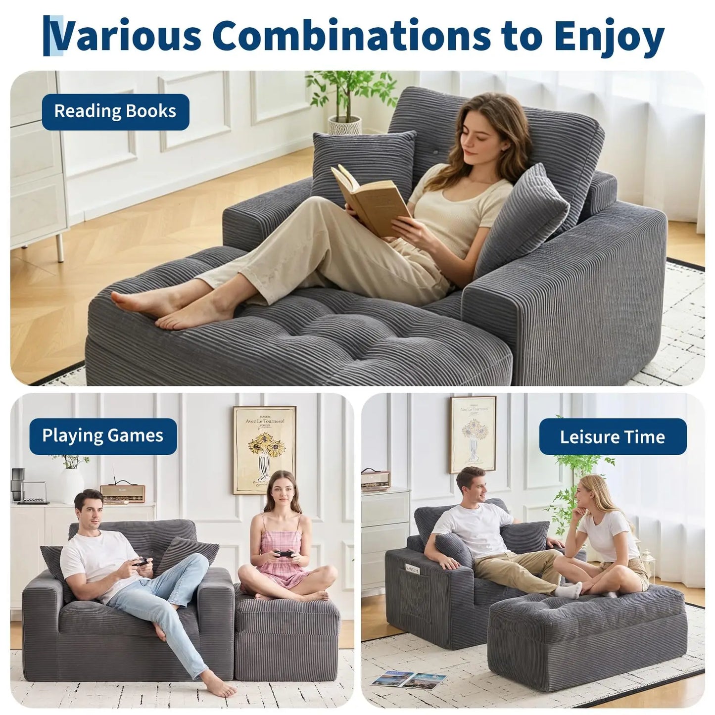 HobbyLane Corduroy Cloud Chaise Lounge With Ottoman And Pillows