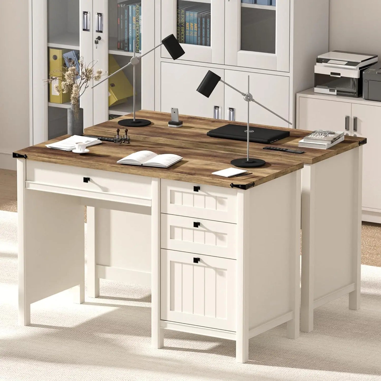 NONEDesk Executive Desk with File Cabinets and USB Charging Station