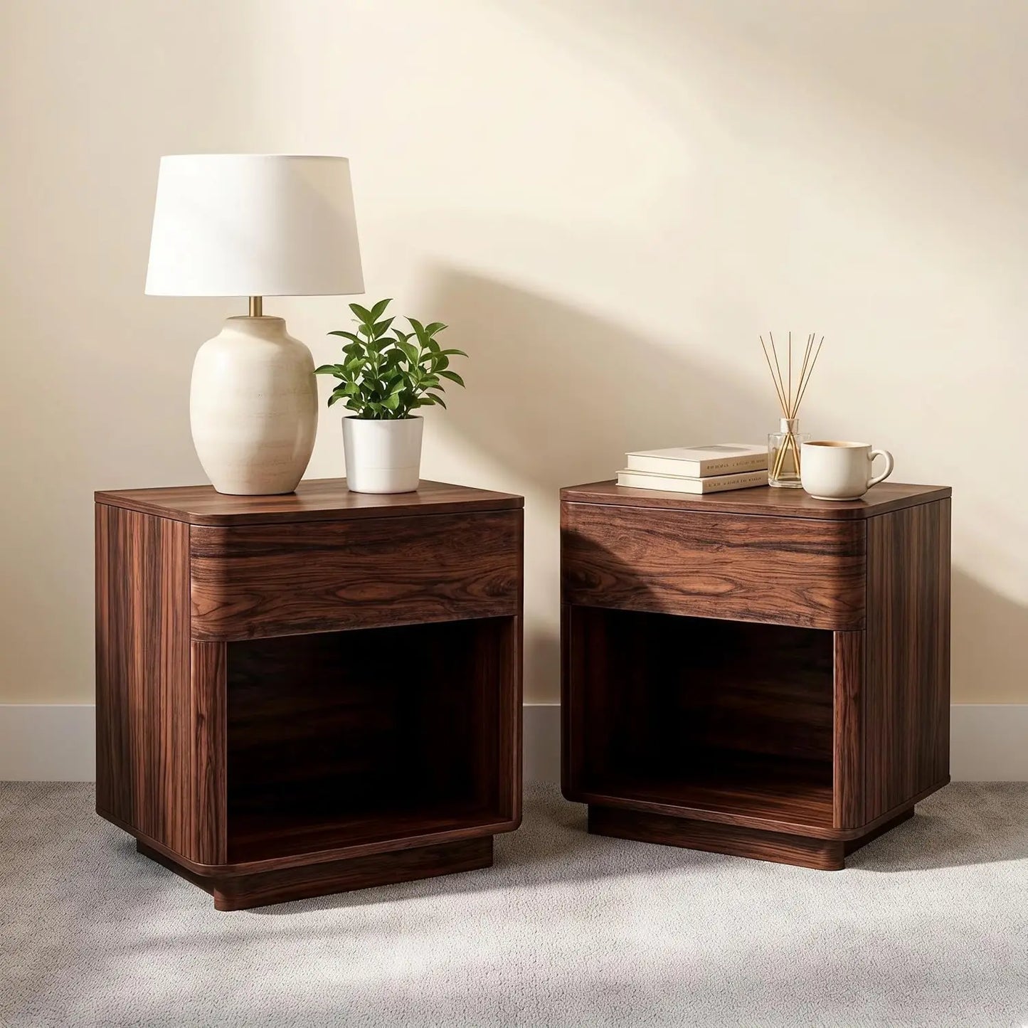 Modern Wood Nightstand Set of 2, 22" Wide Night Stand with Charging Station, Storage Drawer & Open Shelf, Large, Customized