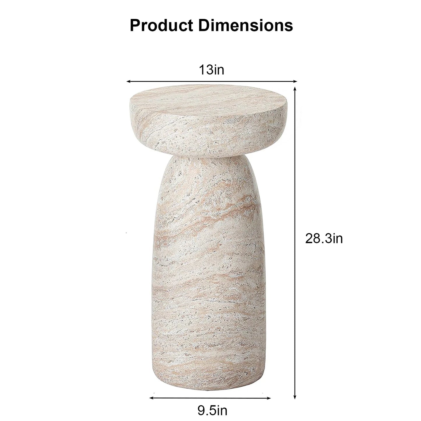 13" Natural Stone Grain Mushroom Side Table Waterproof Freestanding Patio End Table for Balcony Yard Hallway Sofa Decor
