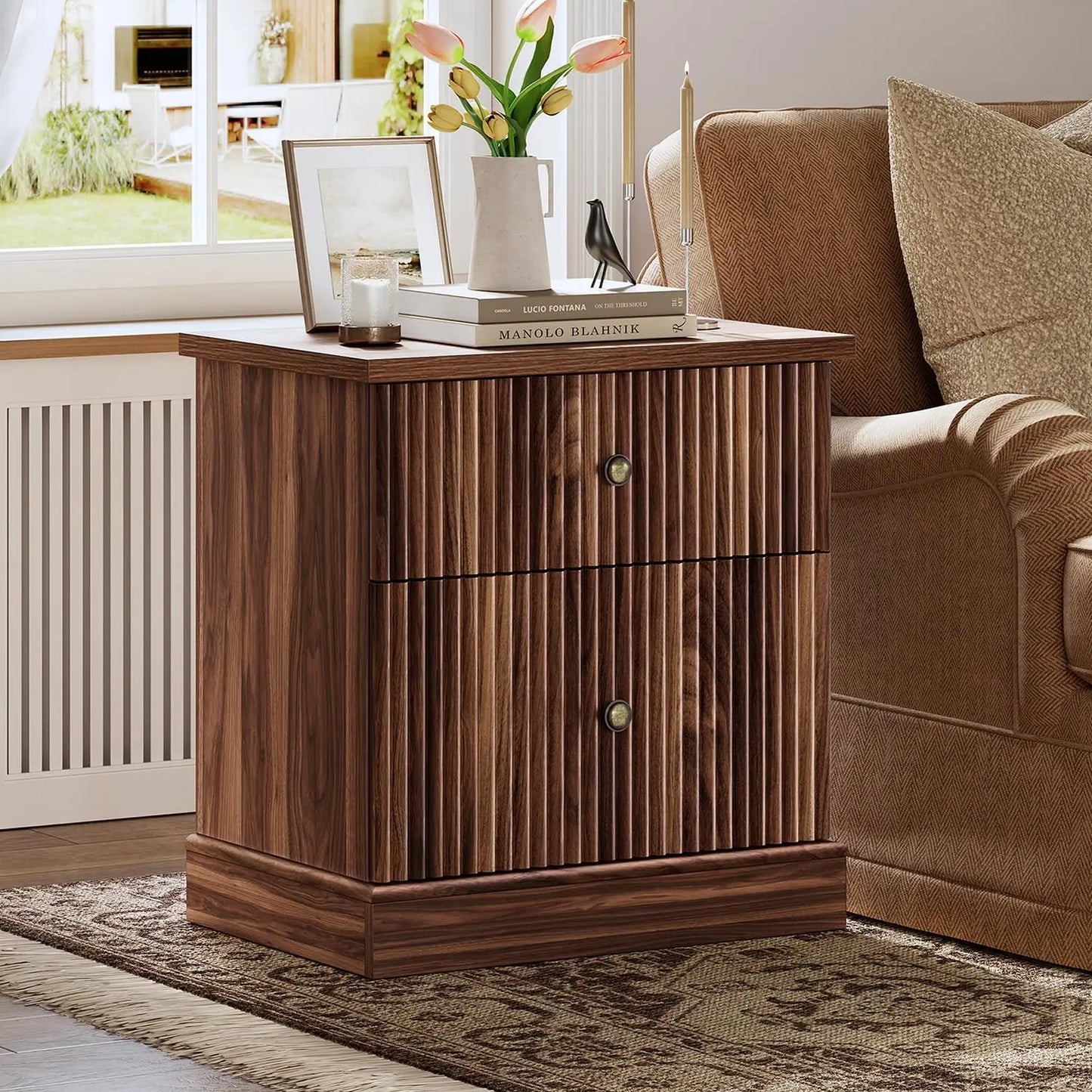 Fluted Nightstand With Drawers, Mid-Century Modern Bedside Table, Slim Storage Cabinet With Heavy-Duty 125 Lb Top For Bedroom