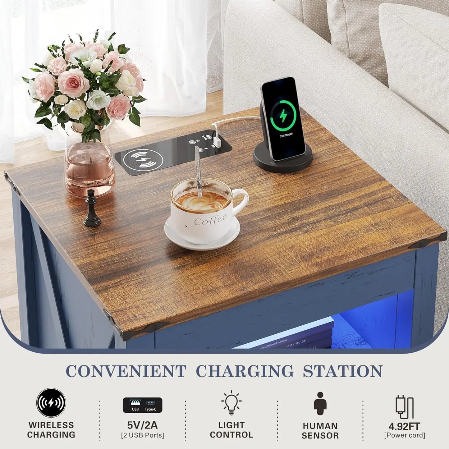 LED Nightstand with Gun Drawer: Bedside Table with Charging Station for Bedroom Furniture – Farmhouse Night Stand, Customized
