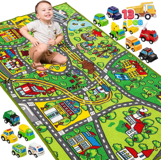 JOYFY Carpet Playmat w/ 12 Cars Pull-Back Vehicle Set for Kids Age 3+ Jumbo Play Room Rug City Pretend Play Multiple Color