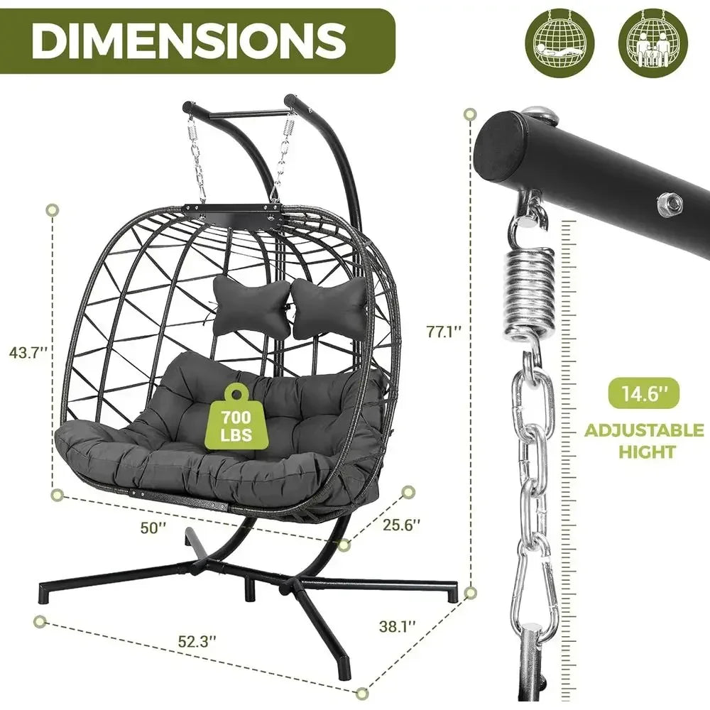 Oversized Outdoor Double Hanging Egg Chair with Stand, 700lbs Capacity, Comfortable Loveseat, Thick Cushion, Ideal for Patio or