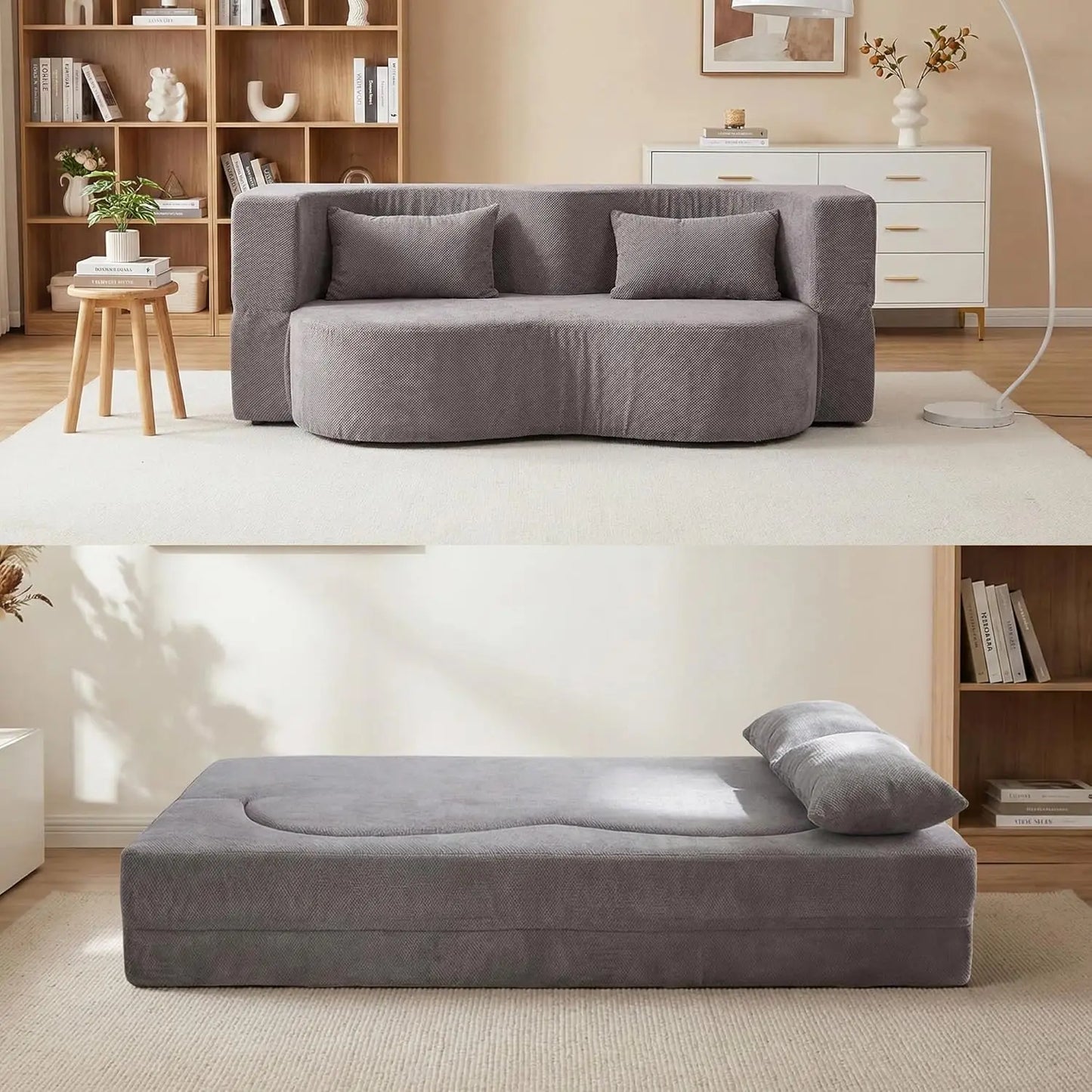Convertible Sofa Bed 2-In-1 Teddy Fabric Loveseat With Pillow