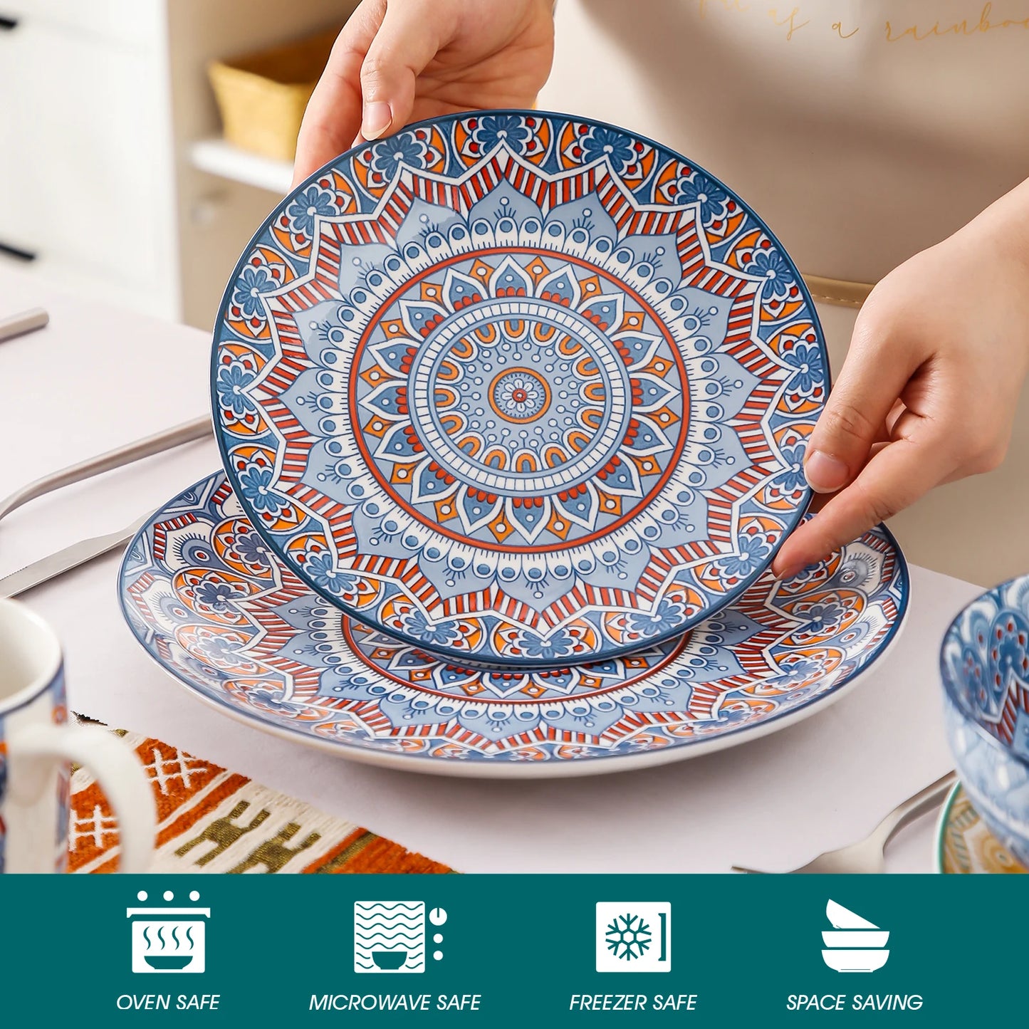 MALACASA Mandala Geometric Ceramic Dinnerware Set Porcelain Plates