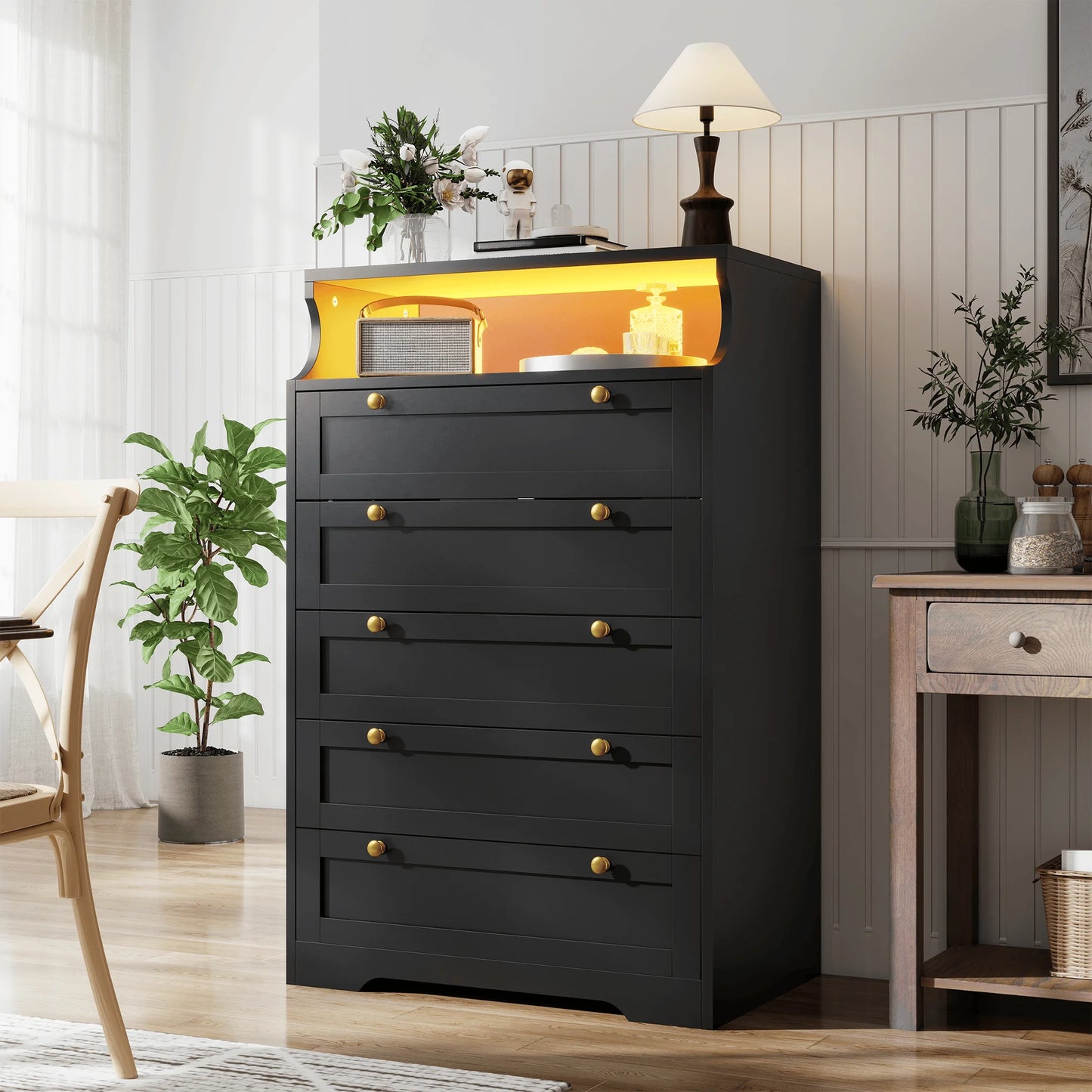 5 Drawer Dresser With LED Lights And Shelves For Bedroom