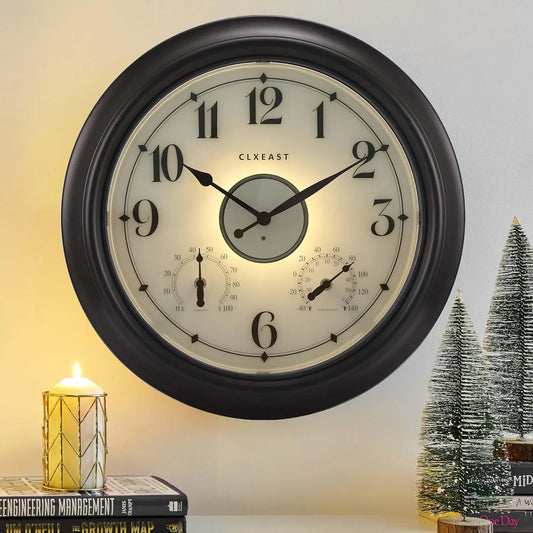 Illuminated Indoor Outdoor Clock With Thermometer Hygrometer Night Light Sensor