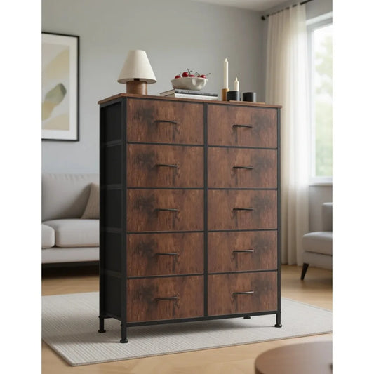 10-Drawer Tall Dresser With Fabric Bins And Anti-Tip