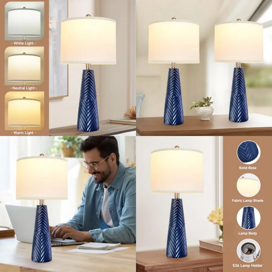 Nightstand Lamp Bedside Lamps Set of 2 Vtage Rustic Farmhouse Table Lamp 3 Way Dimmable Horizontal Stripe Light, for Livg Room