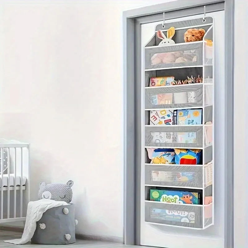 Door Hanging Storage Rack - 5+5 Pockets for Everyday Storage with 5 Large Clear & Mesh Side Pockets Over-The-Door Multi-Pocket Organizer Hangable Black Large Capacity Anti-Tilt Design Heavy-Duty