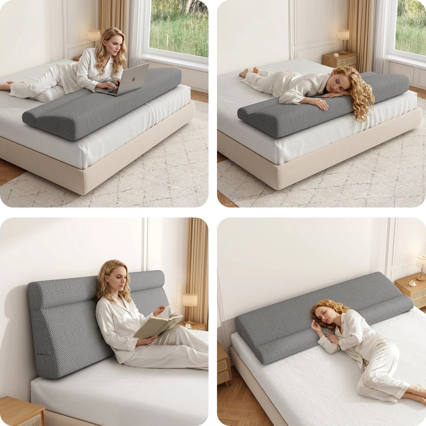 Headboard Pillow for Sitting in Bed with Neck Roll, Reading Pillow with Side Pocket, Back Support Cushion for Bed