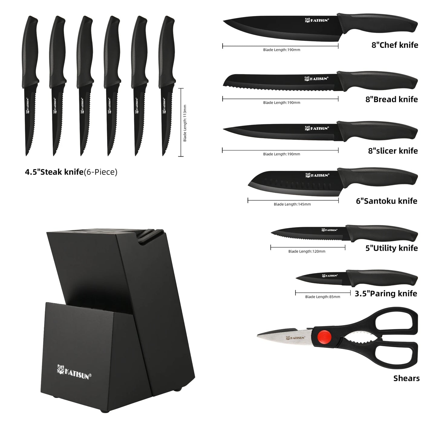 15 Piece Carbon Steel Kitchen Knife Block Set With Sharpener