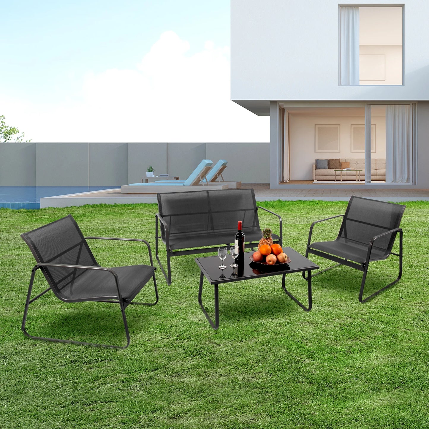 JHK Outdoor 4 Piece Patio Furniture Set with Metal Table