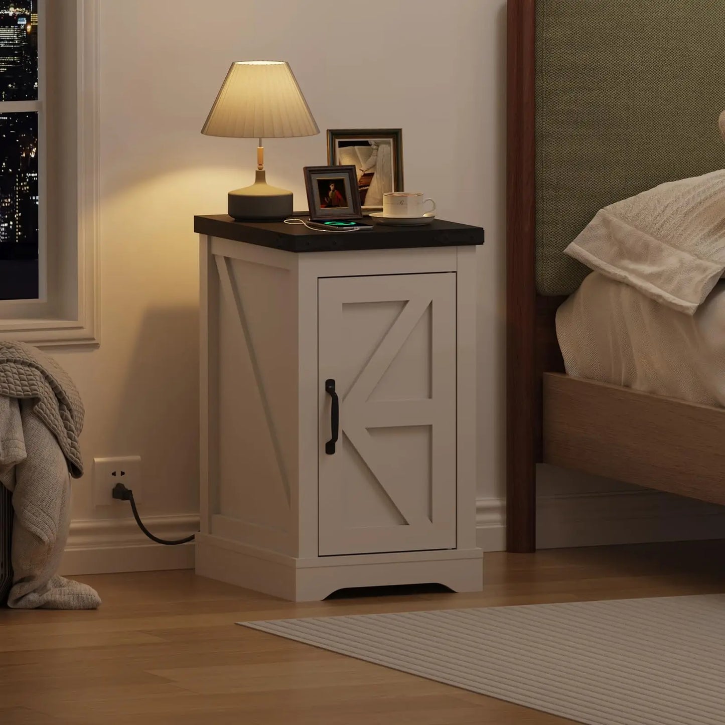 Farmhouse White Nightstand With Charging Station, AC Outlets USB Type-C, Bedside End Table With Cord Management & Storage Shelf