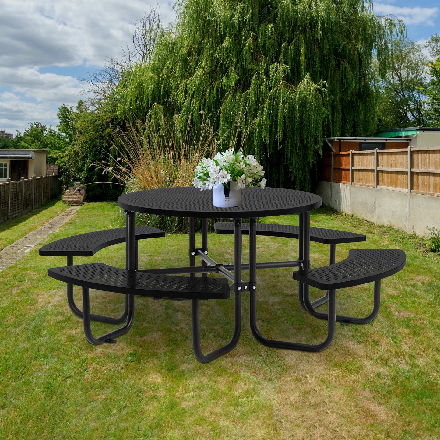 Jaxilyn Outdoor Round Perforated Picnic Table With Umbrella Hole