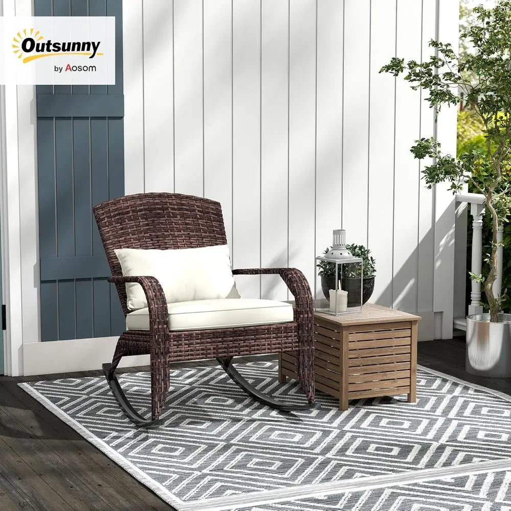 Outdoor Wicker Adirondack Rocking Chair, Patio Rattan Rocker Chair with High Back, Seat Cushion, and Pillow or Garden, Porch, Ba